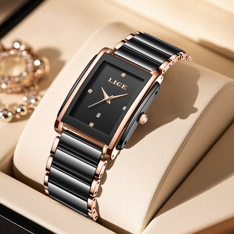 Luxury Ceramic Watch - LIGE ファッションエレガントな女性用腕時計フルセラミックストラップ高級レディースブレスレットクォーツ時計女性用ギフトリロイ Mujer + ボックス