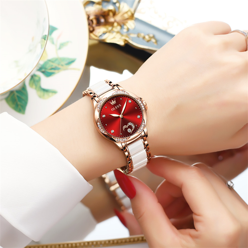Luxury Ceramic Watch - Olevs-女性用防水時計、女性用セラミック時計、自動機械式時計、高級ギフト、ファッション