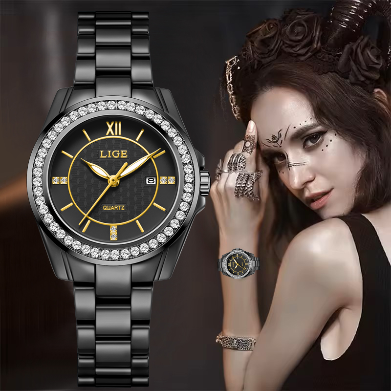 Luxury Ceramic Watch - LIGE 2026 新型高級ブラックセラミック腕時計 レディースファッション 防水 夜光