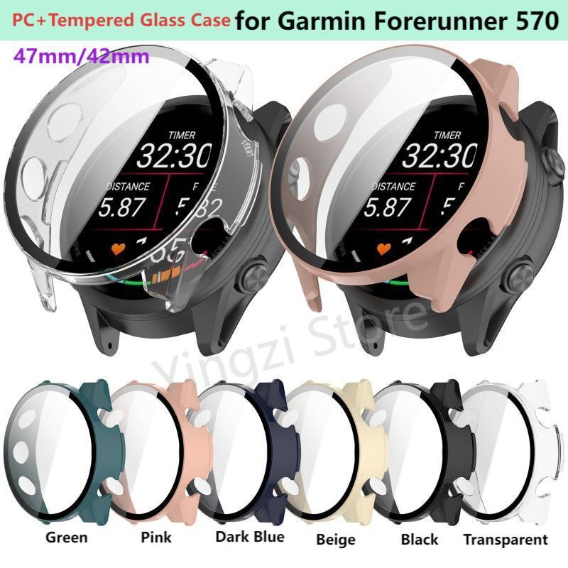 Smartwatch English - Garmin Forerunner 570 42mm/47mm用強化ガラスケース、Forerunner570 47MM/42MM用スマートウォッチスクリーンプロテクター、全面保護バンパー
