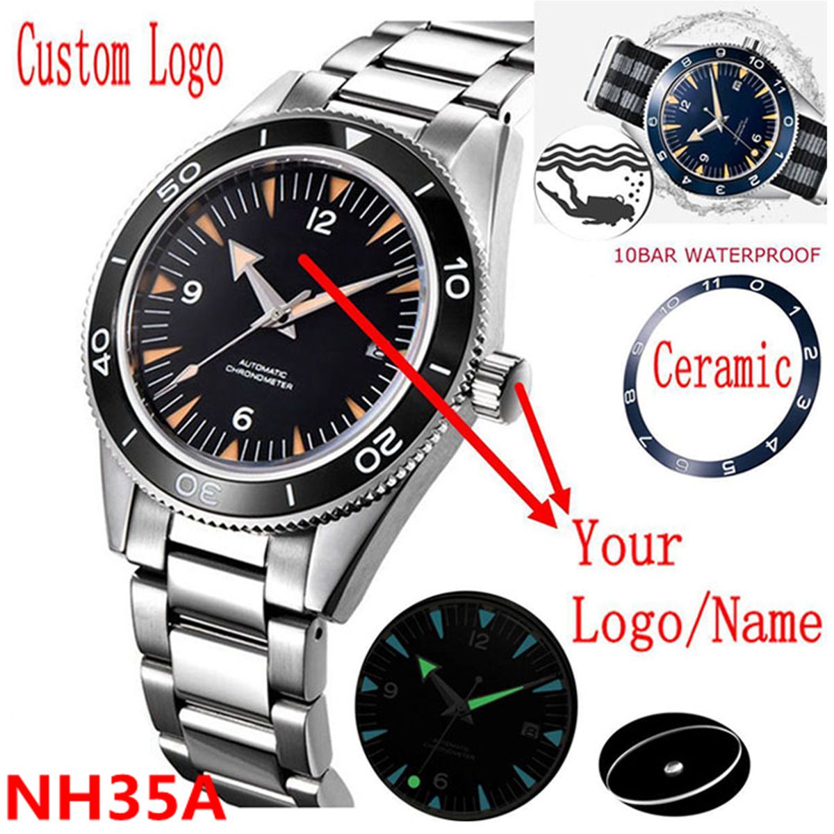 カスタムロゴ NH35 ムーブメント腕時計 10bars メ - Luxury Ceramic Watch のレビューと価格
