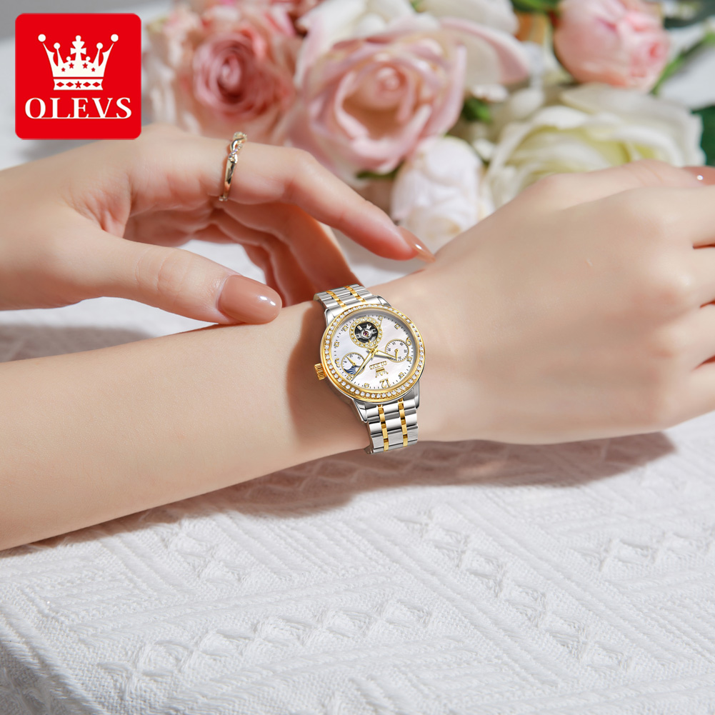 OLEVS 女性用自動巻き時計 エレガントなスケルトンダイヤ - Luxury Ceramic Watch のレビューと価格